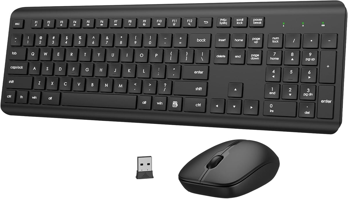 QUASIO 2.4GHz Wireless Keyboard and Mouse Combo, Full-Size Silent Ergonomic Keyboard and Optical Mouse, Long Battery