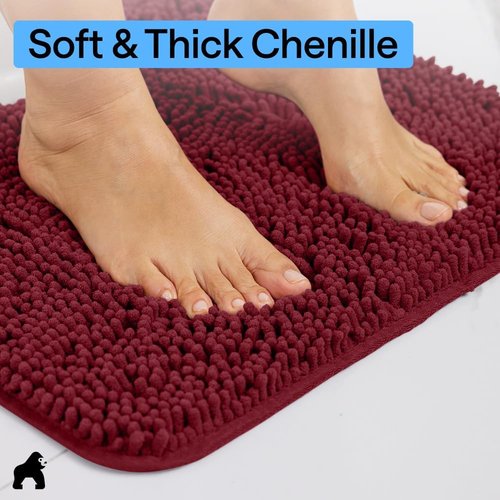 GORILLA GRIP Bath Rug Mat - Soft Absorbent Chenille | Quick Dry Microfiber, 48x24, Burgundy