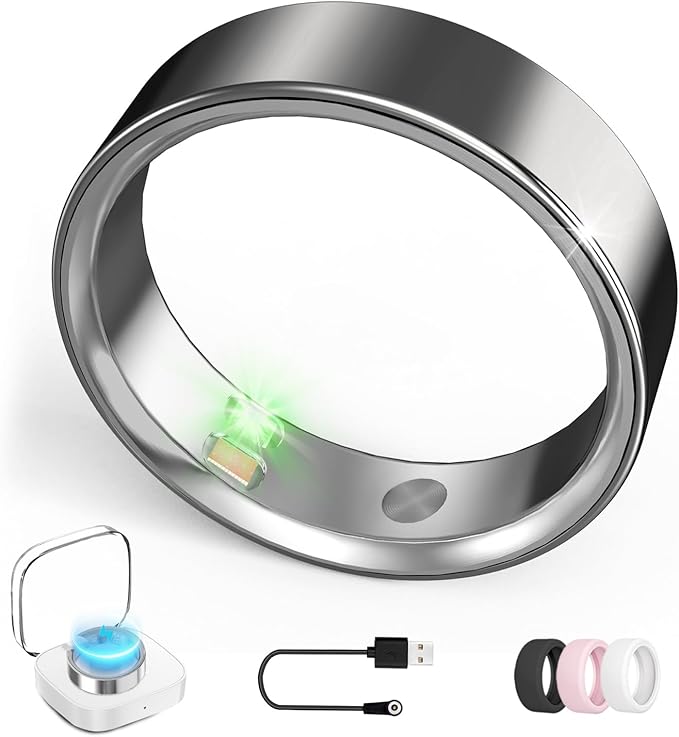 Smart Ring with Vibration Alerts, Health Tracker Ring with Body Temperature Monitor, Heart Rate, Sleep & Fitness Tracking, Waterproof Activity Ring for Men & Women, No App Fees (Gunmetal Gray, 7#)