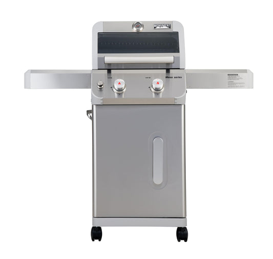 Monument Grills 2-Burner Stainless Steel Liquid Propane Gas Grill, Two Foldable Shelves Patio Garden Barbecue Grill with Clearview® Lid, Knob Control Mesa200S