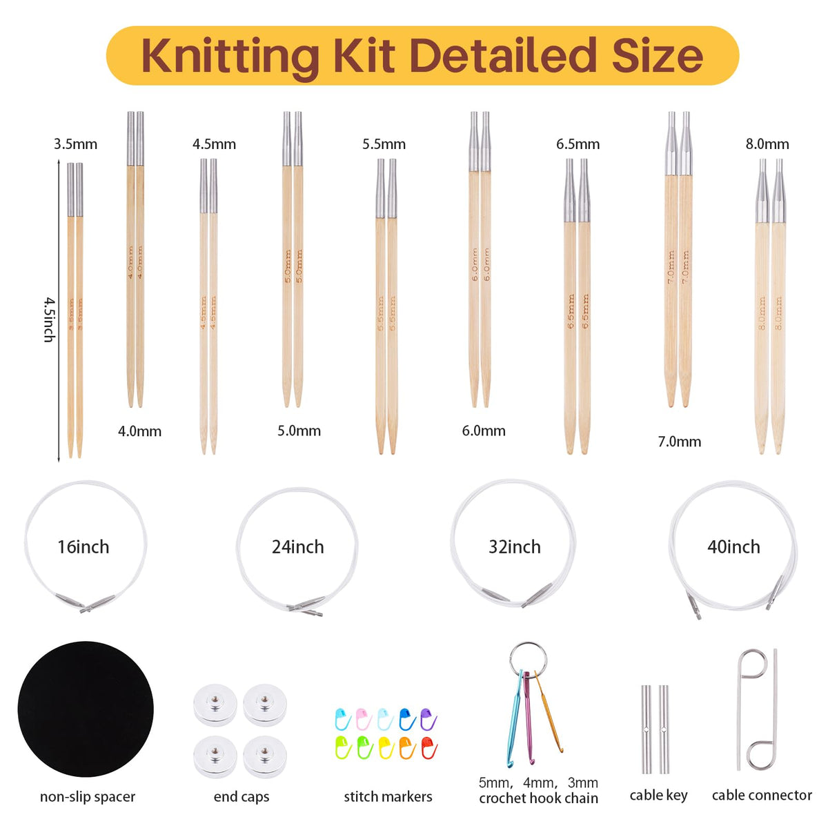 Mdoker Bamboo Knitting Needles Set with Case Interchangeable Circular Knitting Needle with Flexible Cables,9 Pairs Square Round Knitting Needles Cubic Circular Needle for Beginner,DIY Crafts,3.5mm-8mm