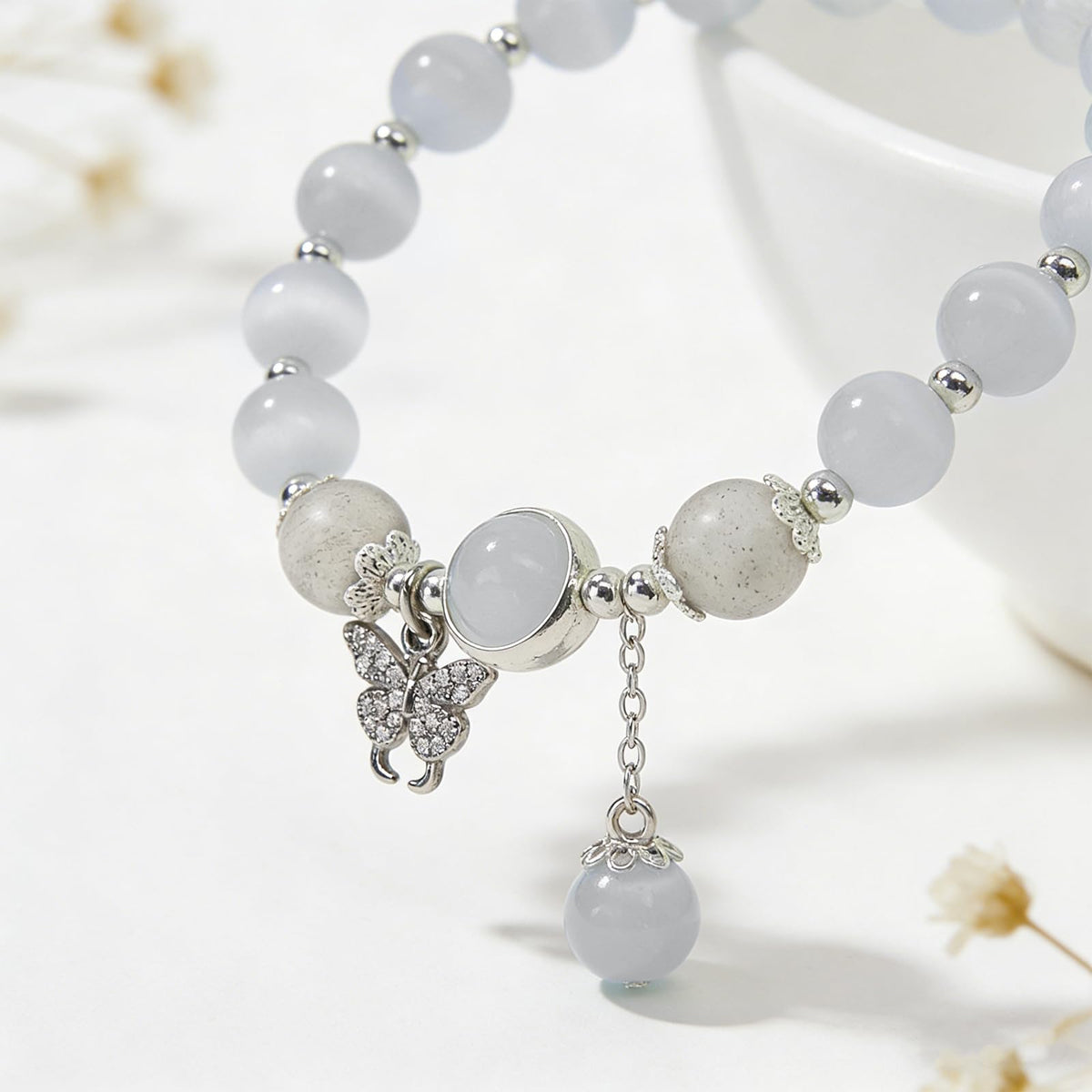 Buddha Stones Butterfly Bracelets for Women, 8mm Cats Eye Stone Bracelet with Gray Moonstone Labradorite Butterfly Charm Healing Crystal Beaded Bracelet Meditation Spiritual Jewelry Mothers Day Gifts