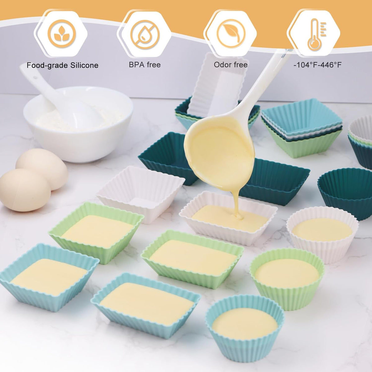Skiennix Silicone Muffin Cups - 24-Pack Reusable Cupcake Liners in Neutral Colors | Round, Square & Rectangular