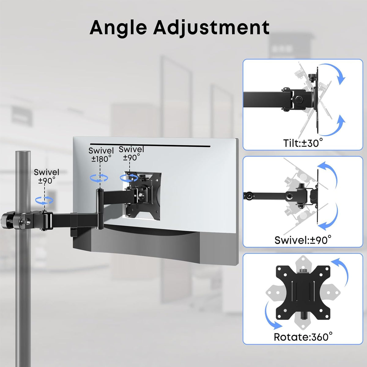 WORLDLIFT 17"-32" 17.6 lbs 75x75 100x100 Pole Mount Monitor Arm Easy Clamp-on VESA Mount for Screens Supports up