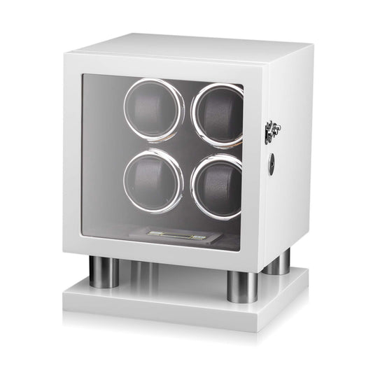 Watch Winder for 4 Watches with LED Backlight, LCD Display and Motor-Stop Option (White & Black)