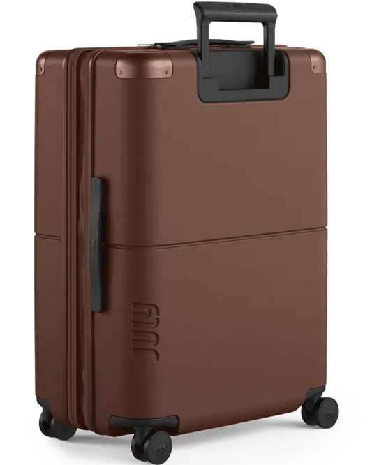 July Checked Expandable - 24.5" Airline Approved Check In Luggage with Wheels, Spinner Suitcase for Men & Women - TSA Lock Rolling Suitcase, Spinner Wheels, Expansion Zip, Y-Strap - Dark Brown