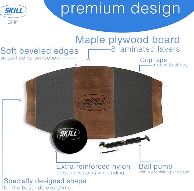 The Skill Board - Wooden Balance Board for Adults - Wobble Board for All Sports, Gym, Standing Desk, or Yard Games - Balance Trainer, Fitness Ball, Ball Pump, Grip Tape