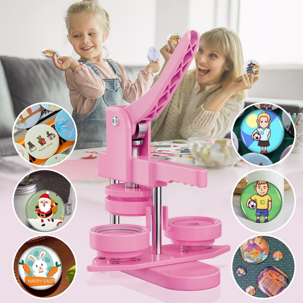 FreeingBAG Button Maker Machine 58mm - (3 Gen) Installation-Free (2.25in) DIY Badge Button Maker Press Machine Badge Punch Press with 100pcs Button Parts Pictures (Pink, 2.25 inch / 58mm)