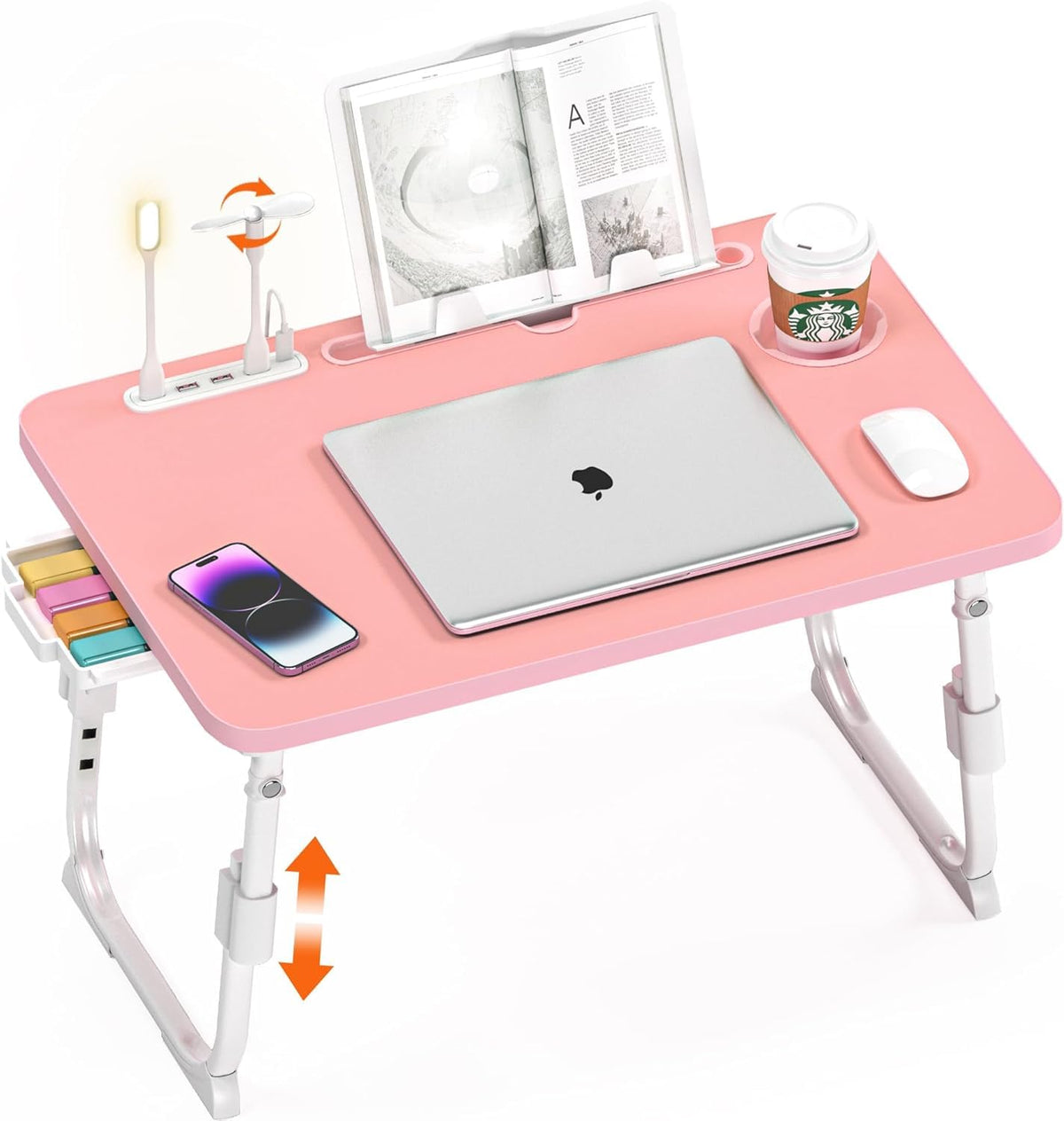 DECOSIS Bed Desk Height Adjustable, Bed Laptop Table with USB/Storage Drawer/Cup Holder/Tablet Stand/Book Shelf, Foldable Breakfast Tray Portable for Reading Writing, Bed, Sofa & Floor, Wood, Pink