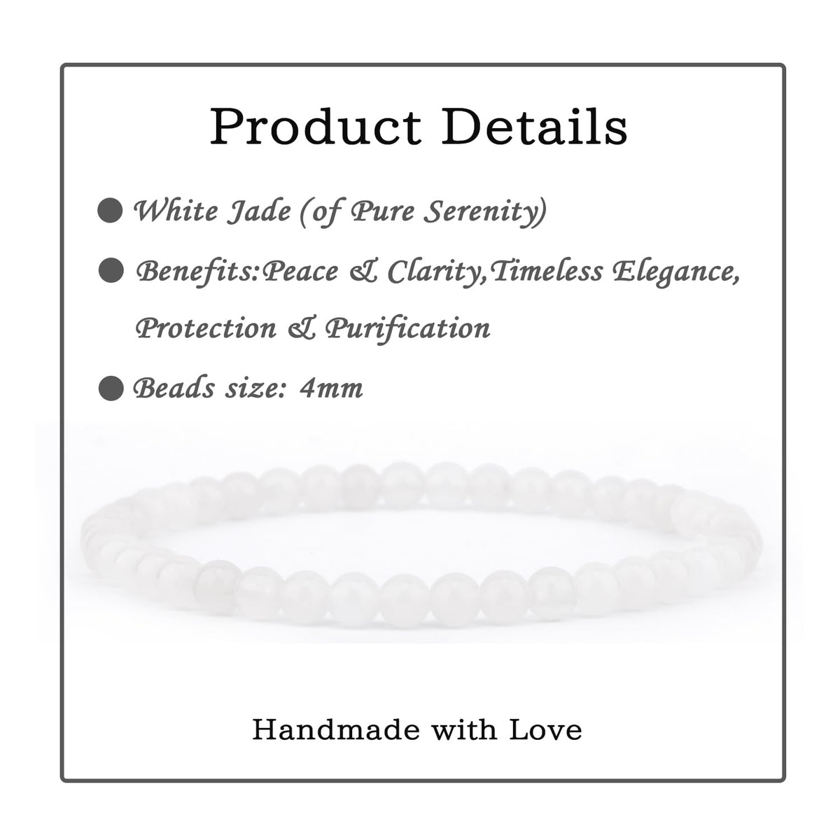 Bymitel 4mm White Jade - Handmade Reiki Gemstone Stretch Bracelet, Natural Beauty & Spiritual Essence, Crystal Healing for Unisex Adults