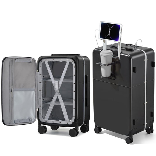 Hanke 28 Inch Checked Luggage with Cup Holder and USB Ports, Top Opening Hard Shell Suitcase with Wheels, Aluminum Frame Large Trunk Luggage with Foldable Divider & TSA Lock for Travel, Jet Black