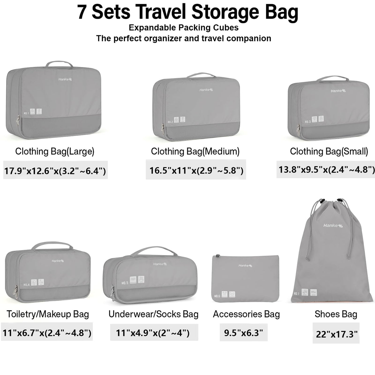 Hanke 7 Set Compression Packing Cubes for Travel, Expandable Large Packing Cubes for Suitcases and Backpack, Luggage Packing Organizer Bags with Double Zipper as Travel Essentials,Light Grey