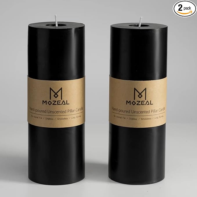 MOZEAL 3" x 8" Hand-Poured Unscented Large Candle,Smokeless Rustic Pillar Candle Set of 2,Slow Burn,No Drip,Approx 150 Hours Burning,Wedding,Dinner,Christmas and Home Decorative,Tall Black Candle
