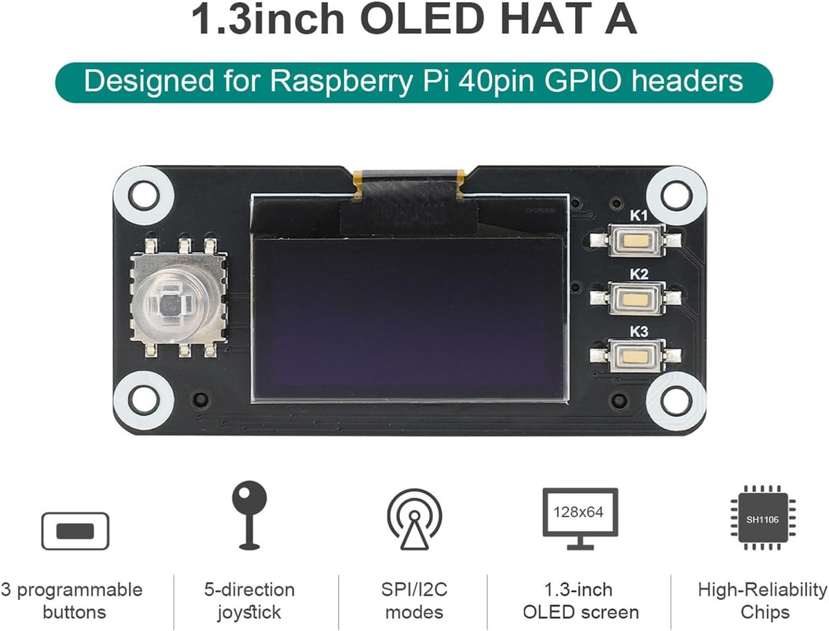 xicoolee 1.3inch 12864 SH1106 SPI/I2C OLED Display HAT for Raspberry Pi, Screen Module with Joystick & Buttons