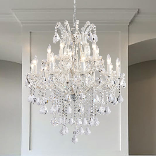 TMAFON Modern Chrome Chandelier Light Fixture - Luxury Maria Theresa Crystal Chandeliers for Dining Room, Kitchen Island, Living Room, Bedroom, 15 Lights, 2 Layers
