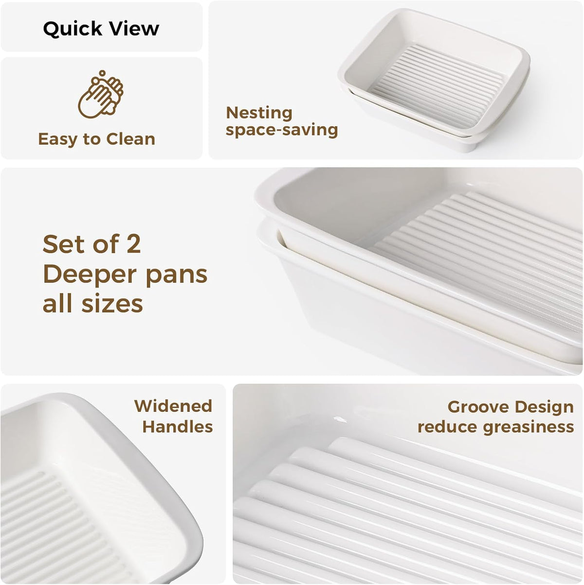 Regine Switzerland 9x13 Baking Dish Set of 2 - Porcelain Casserole Dish with Handles | Deep 3.75 Qt Bakeware, Microwave & Dishwasher Safe, White