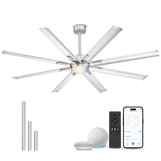 JAZAVA 72 Inch Bruehed Nickel Ceiling Fan With Light,Smart Fan Work With Alexa,Industrial Ceiling Fan With 8 Aluminium Metal Blades,Ideal for Courtyard,Patio and Living Room,CF04BN-72