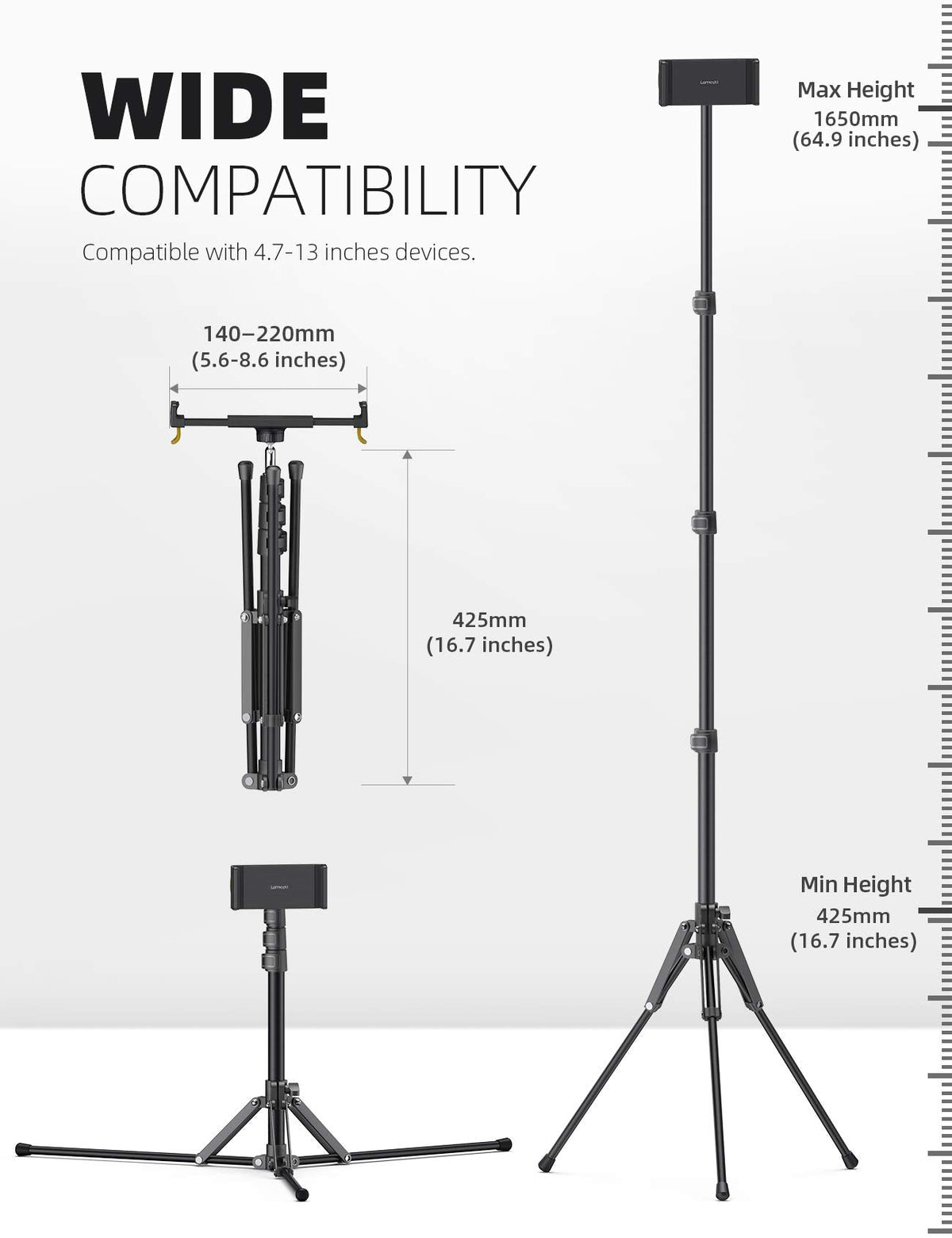 Lamicall Tablet Floor Tripod Stand - 64.9" Tablet Holder Mount with Adjustable Height for Stream/Watching with Bluetooth Remote, Gifts for iPad Pro 12.9/11" Mini, Air, iPhone, 4.7-13" Devices