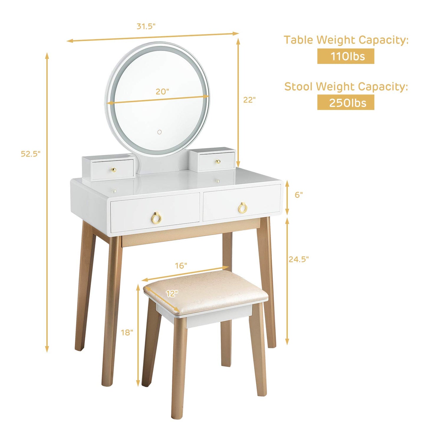 Nightcore Vanity Set, Makeup Vanity w/Round Lighted Mirror, Vanity Desk w/Cushioned Stool, 4 Drawers Modern Home Dressing Table for Girls & Women, White
