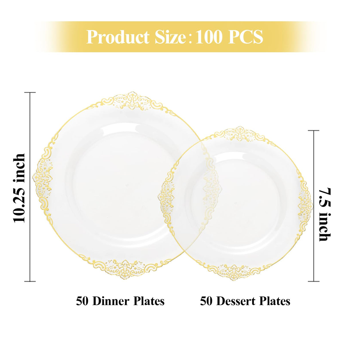 Bestluck 100 PCS Clear and Gold Plastic Plates for 50 Guests, Clear Disposable Plates Include 50 PCS Dinner Plates, 50 PCS Dessert Plates for Party, Wedding