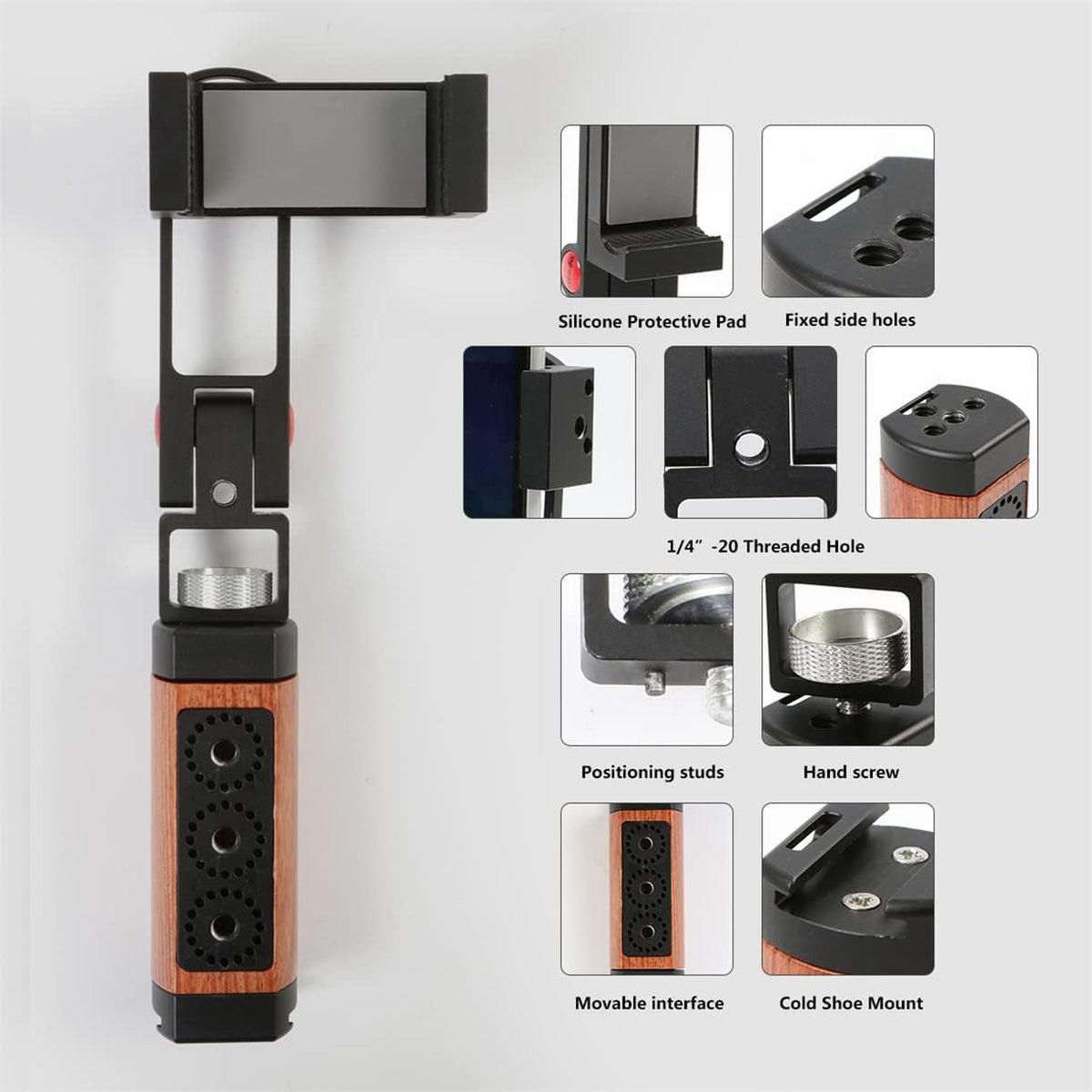 Amykite 1/4 Foldable Smartphone Grip Mount with Wrist Strap, Compatible with Standard Screw Selfie Stick for Tripod