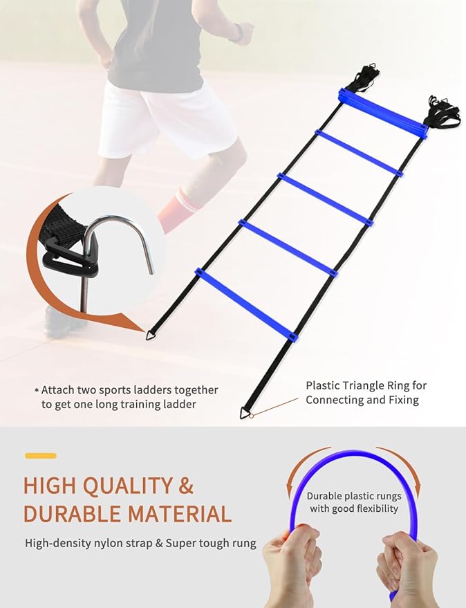 GHB Agility Ladder,Football Training Equipment Set,4 Agility Hurdles, 20 feet12 Rungs Speed Ladder,12 Disc Cones,Resistance Parachute, Jump Rope, 5 Resistance Bands