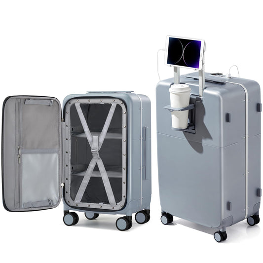 Hanke 28 Inch Checked Luggage with Cup Holder and USB Ports, Top Opening Hard Shell Suitcase with Wheels, Aluminum Frame Large Trunk Luggage with Foldable Divider & TSA Lock for Travel, Gray