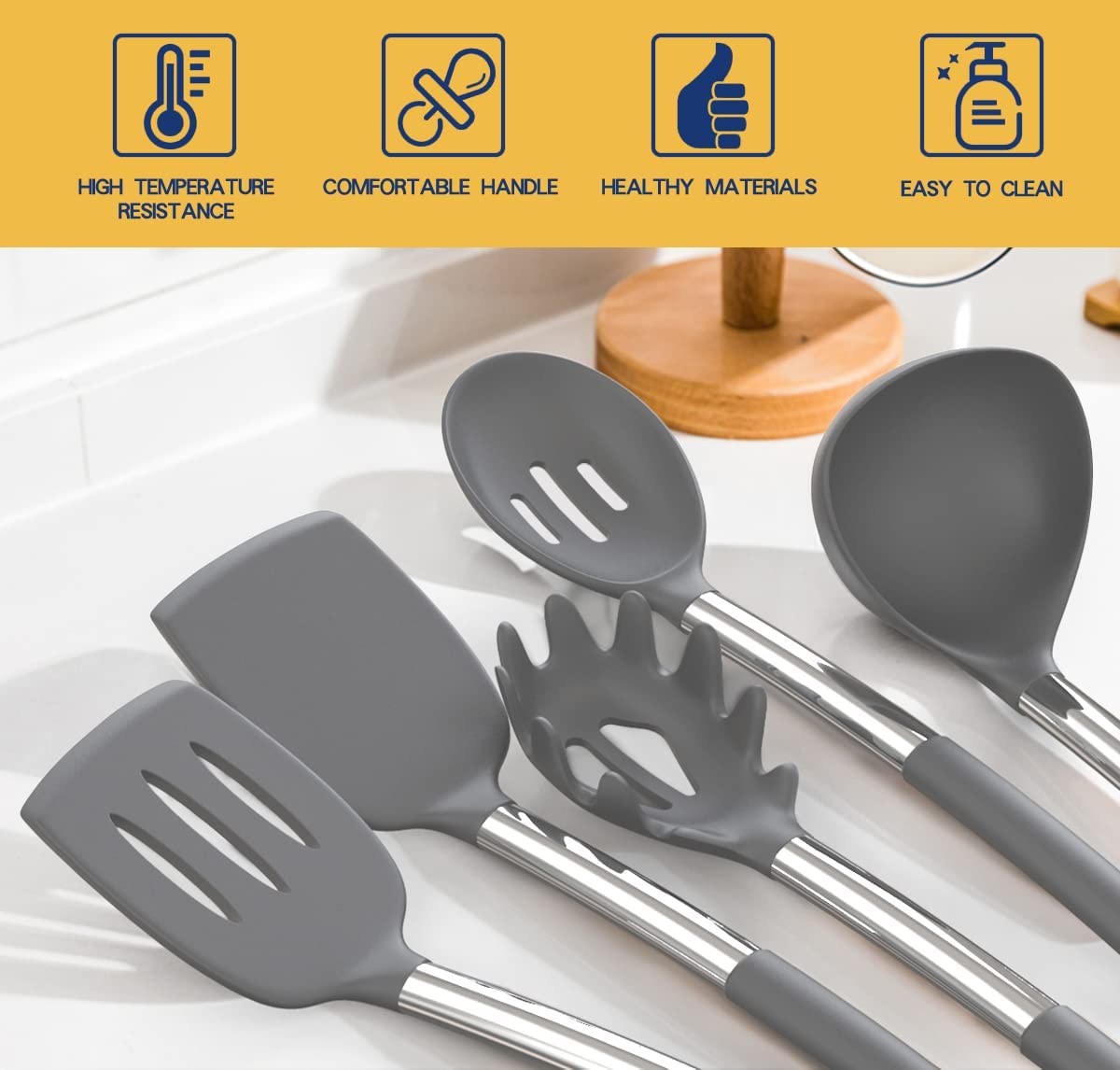 Silicone Cooking Utensil Set, Fungun Non-stick Kitchen Utensil 24 Pcs Cooking Utensils Set, Heat Resistant Cookware, Silicone Kitchen Tools Gift with Stainless Steel Handle (Gray-24pcs)
