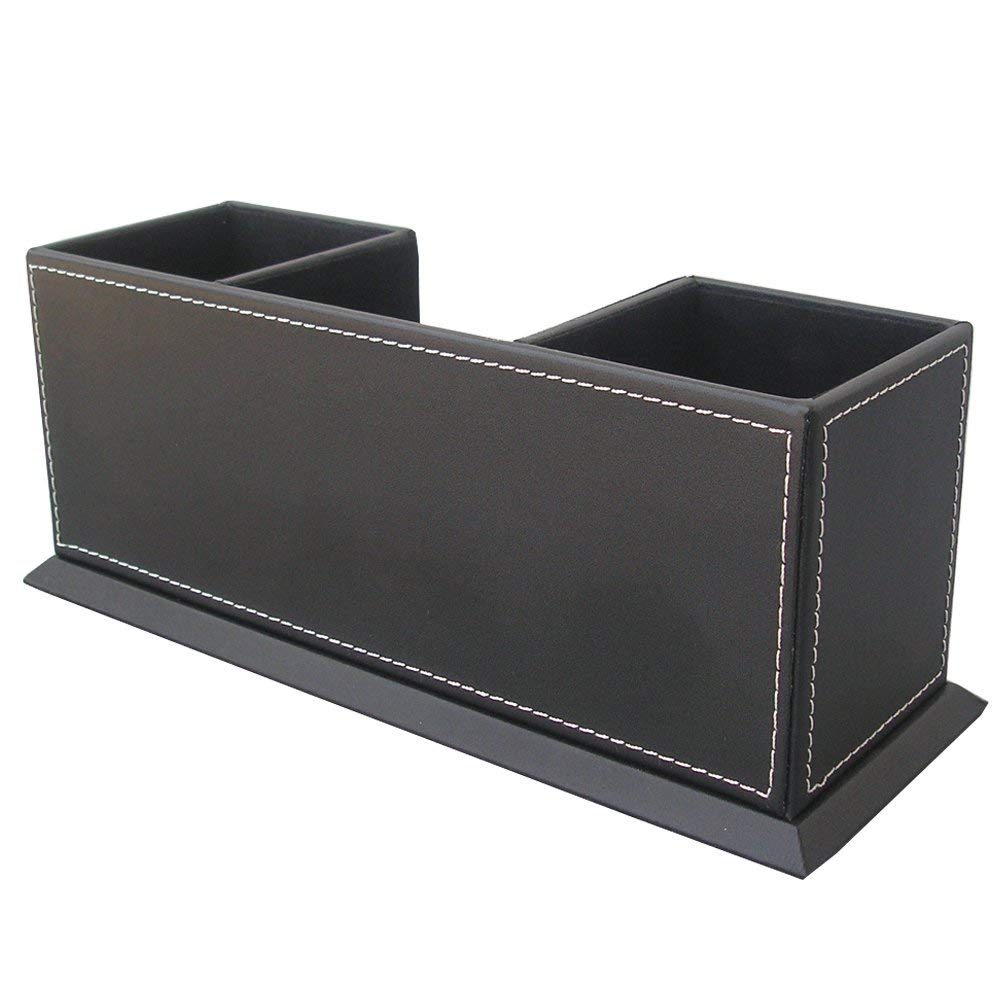 KINGFOM Office Supplies Desk Organizer PU Leather Storage Box 4 Divided Compartments for Pen Business Card Remote Control Mobile Phone Cosmetics Collection Holder (Black)