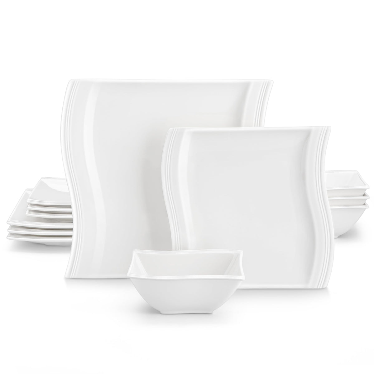 MALACASA Ivory White Dinnerware Set, 12 Pieces - Porcelain Dinner Plates, Dessert Plates and Bowls, Square Flora Pattern