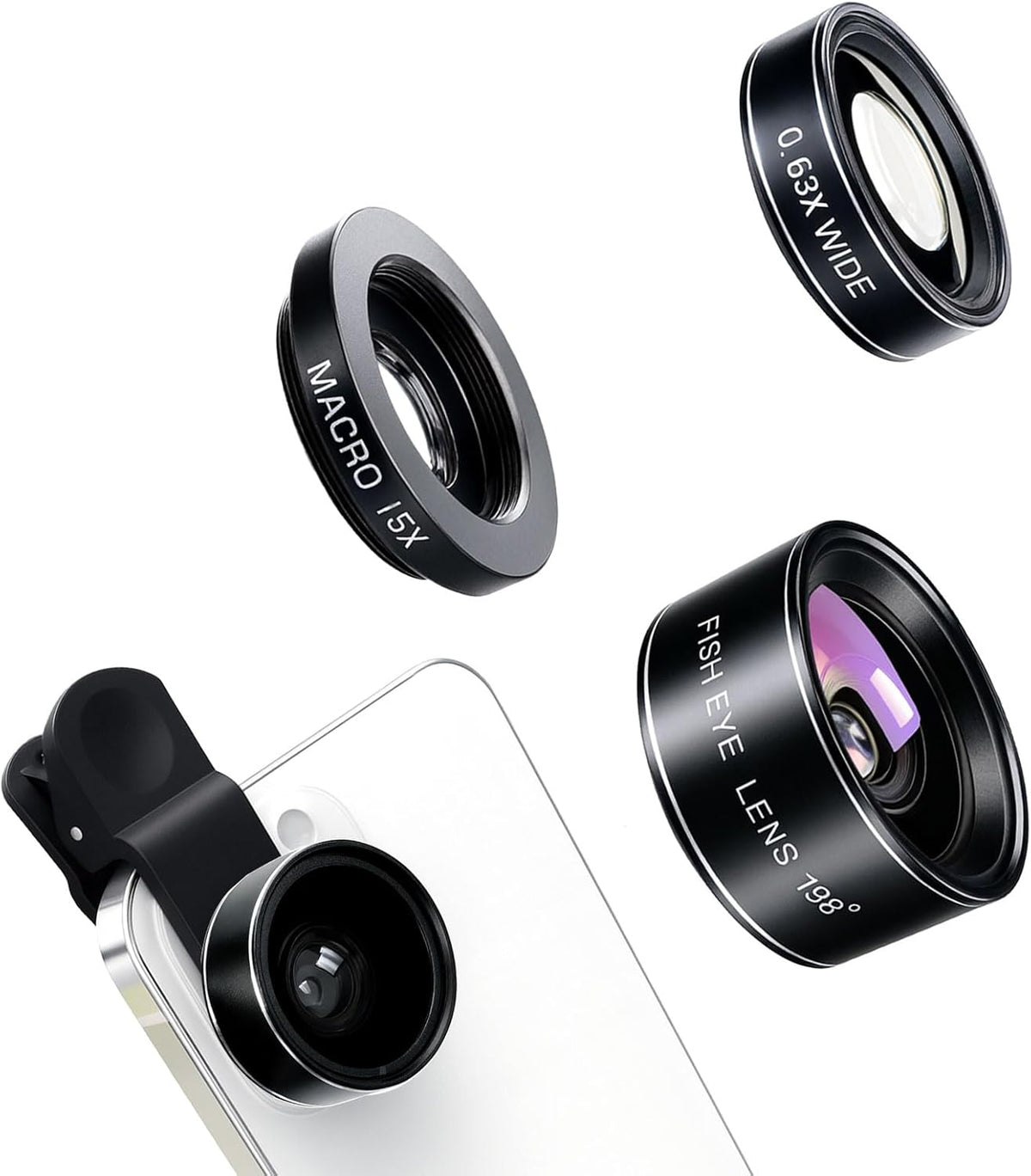 Brvlsoc 3-in-1 198 0.63 15 Set Smartphone Camera Lens Kit Fisheye, Wide-Angle & Macro Clip-On Lens for iPhone, Samsung