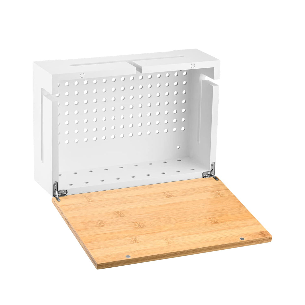 Bamboo Cable Management Box with Magnetic Lid - 12,6x7,8x4.3 in - Durable Cable Organizer to Hide Cords & Power Strip - Wall Mountable - Including Hardware - for Home, Office, Desk & More (White)
