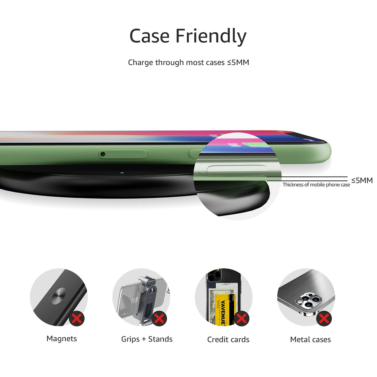 Amazon Basics 15W Qi Certified Fast Wireless Charging Pad with USB Cable for iPhone 15/14/13/12/11/X, Samsung and LG, Case Compatible, Black