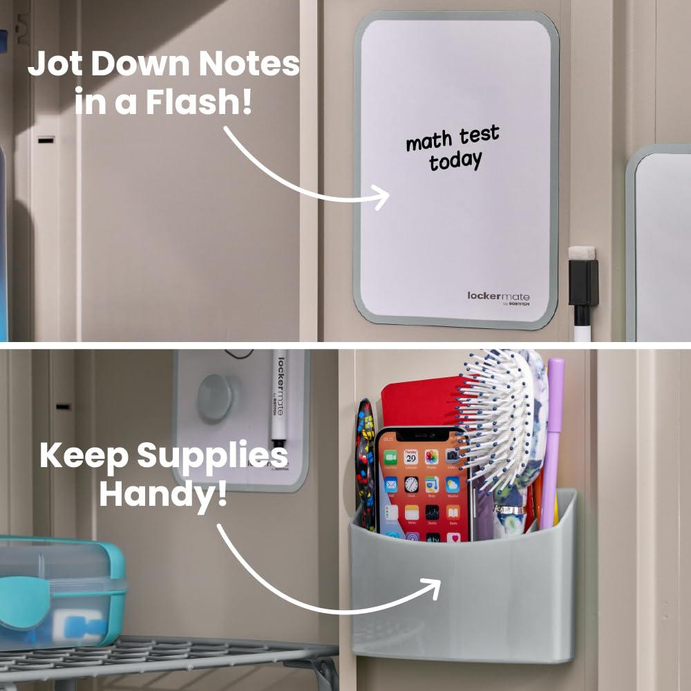 LockerMate by Bostitch 7-Piece Locker Organizer Kit, Includes Locker Shelf, Mirror, Whiteboard, Storage Cup & Dry Erase Marker - Gray