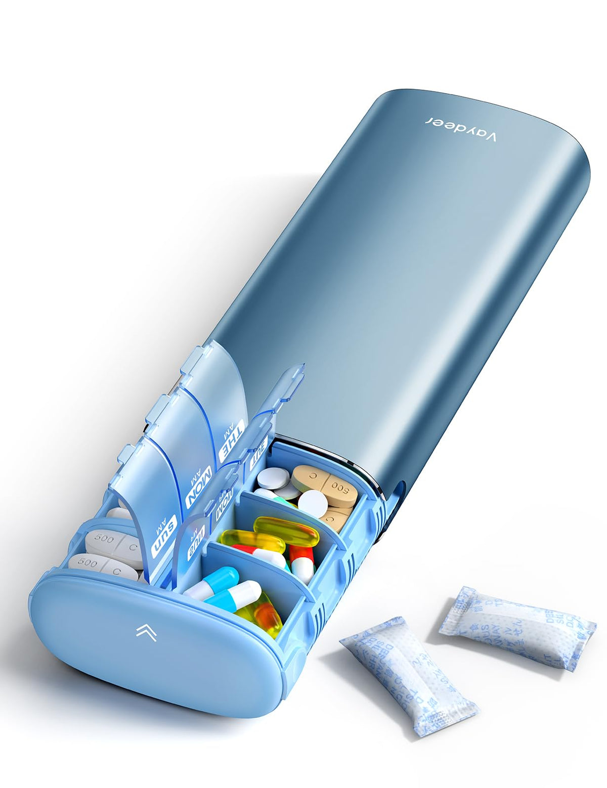 Vaydeer Metal 7 Day Pill Organizer 2 Times a Day – AM PM Weekly Travel Pill Case with Moisture-Proof Desiccant, Airtight Large Capacity Pill Box for Vitamins, Medications & Supplements (Blue)