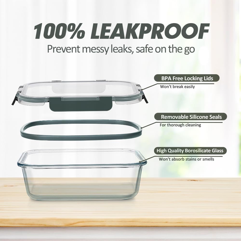 VERONES 12 Packs Glass Food Storage Containers Set, Airtight Glass Lunch Containers, Glass Meal Prep Containers with Lids,Exclusive of BPA, for Microwave, Oven, Freezer & Dishwasher Friendly,Grey