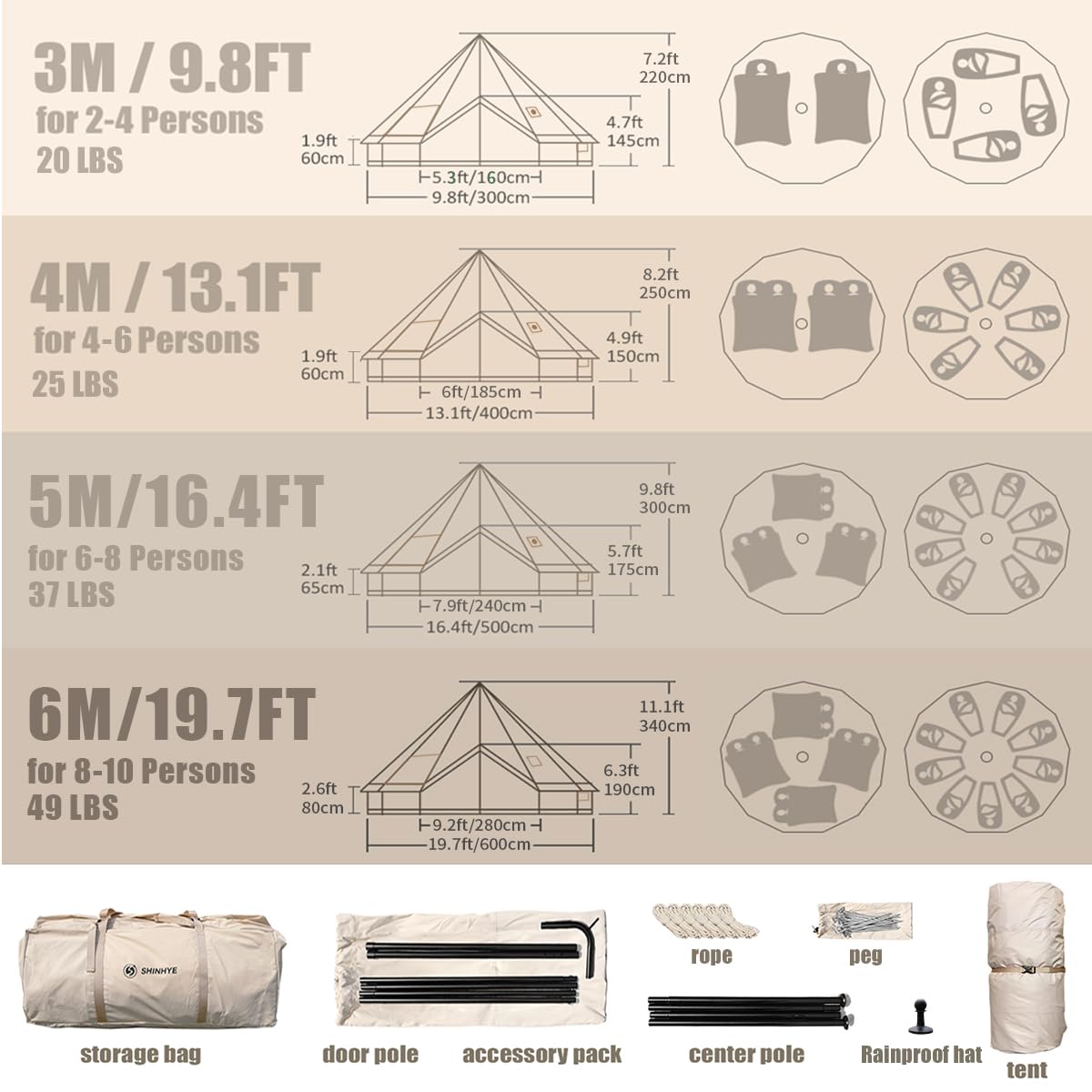 Bell Yurt Tent, Waterproof Luxury 4 Season Hot Tent with Stove Jack/Air Conditioner Vents/2 Skylight for Family Outdoor Camping Oxford Glamping Tents for All Year Living (4M- 173 sq. ft yurt)