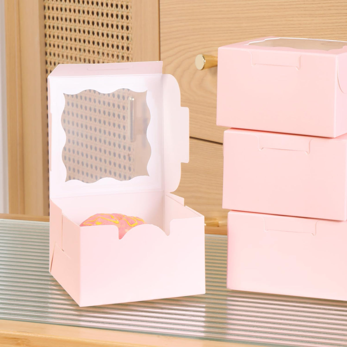PFAMKEER 25pcs Pink Small Cake Box,4x4x2.5 Inch Bakery Boxes with Window,gift boxes bulk for Mini Cake Pastry Dessert Strawberries Chocolates Cupcakes with Stickers