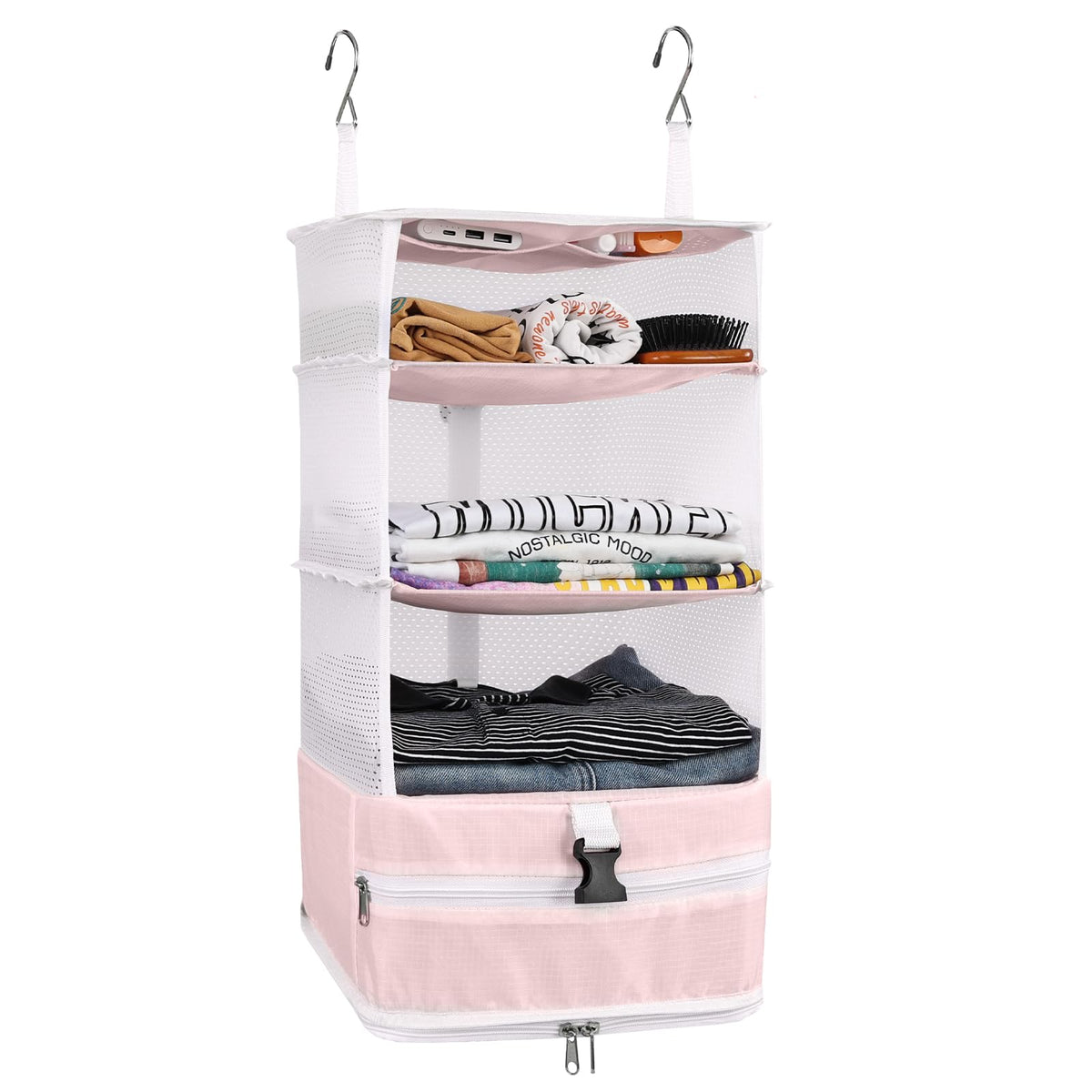 Surblue Hanging Closet Storage Bag Collapsible 3-Shelf Washable Oxford Fabric with 2 Hooks (L 11.41 * 11.41 * 19.68in, Pink)