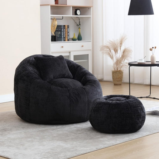 Chenille Memory Foam Filled Adult Bean Bag Chair with Ottoman & Comfortable Pillow | Antique Jet Black Color Lazy Sofa Boucle Super Soft Plush Recliner Lounger Livingroom Oversized Removeable Cover