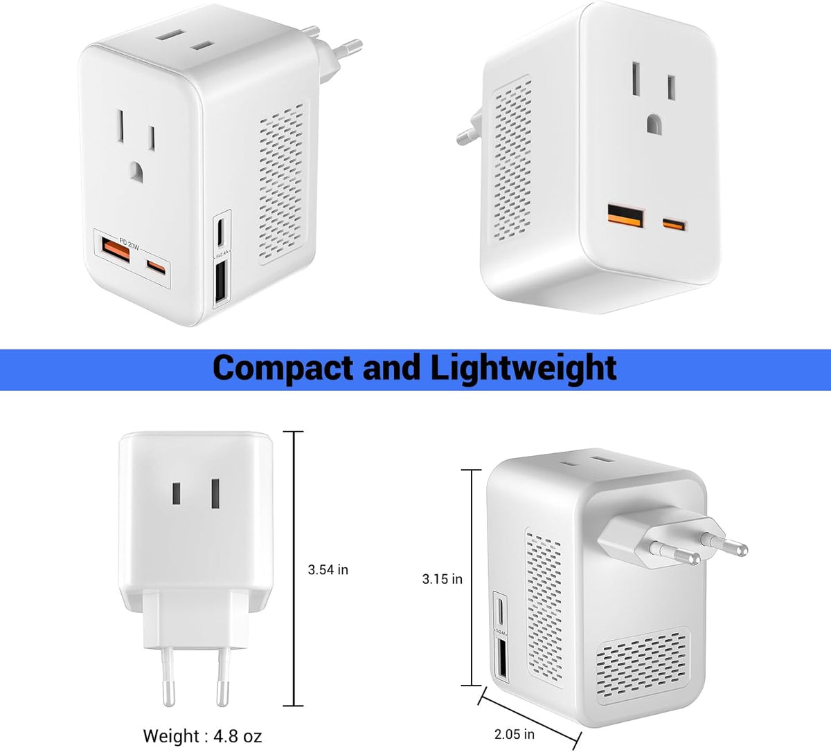 SARQW 220V 110V 2 2 20 2 to Voltage Conversion Plug Adapter for Traveling from USA to Europe with USB and USBC Ports PD