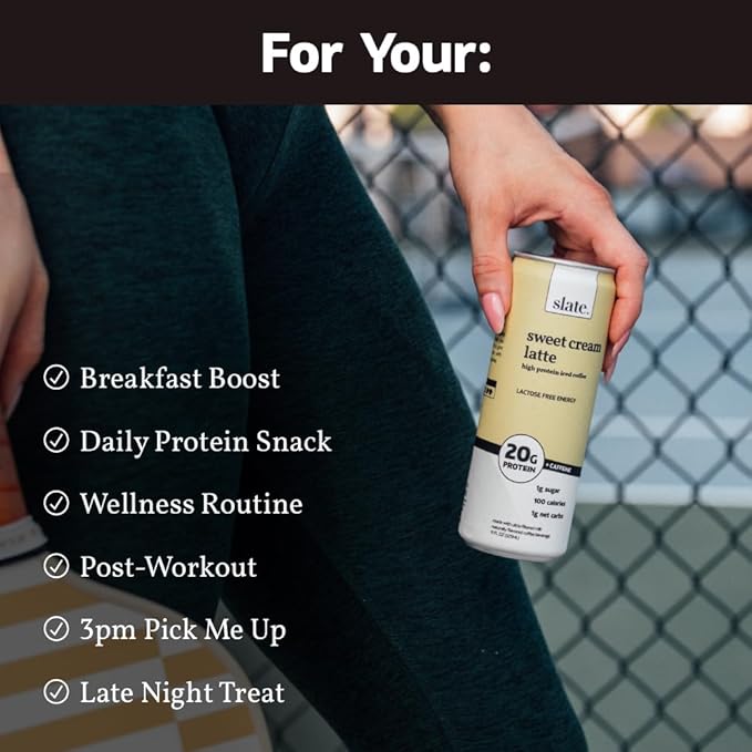 Slate Milk - High Protein Iced Coffee - Sweet Cream Latte - 175mg Caffeine, Lactose Free Energy - 20g Protein, 1g Sugar, 100 Calories, 1g Net Carbs, No Sugar Added - Protein Coffee - 11 fl oz, 24 Cans