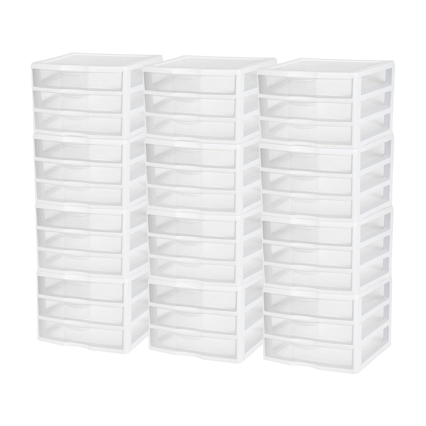 Sterilite 12-Pack Wide 3 Drawer Unit, Plastic Desktop Organizer with Clear Drawers, White Frame - Stackable Multi-Purpose Storage for Office Supplies, Craft Rooms, Classrooms and Home Organization