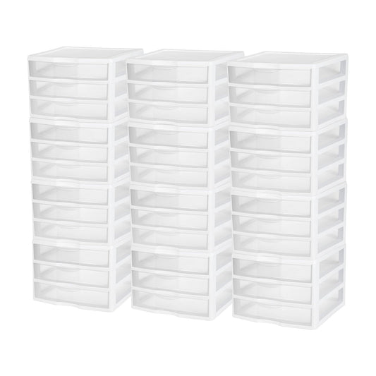 Sterilite 12-Pack Wide 3 Drawer Unit, Plastic Desktop Organizer with Clear Drawers, White Frame - Stackable Multi-Purpose Storage for Office Supplies, Craft Rooms, Classrooms and Home Organization
