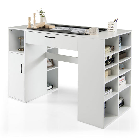 Giantex Craft Table with Storage, Artwork Sewing Table 14 Large & Small Storage Compartments, 1 Sliding Drawer, 1 Cabinet with 2 Shelves, 36'' Counter Height Drafting Writing Sewing Station Desk