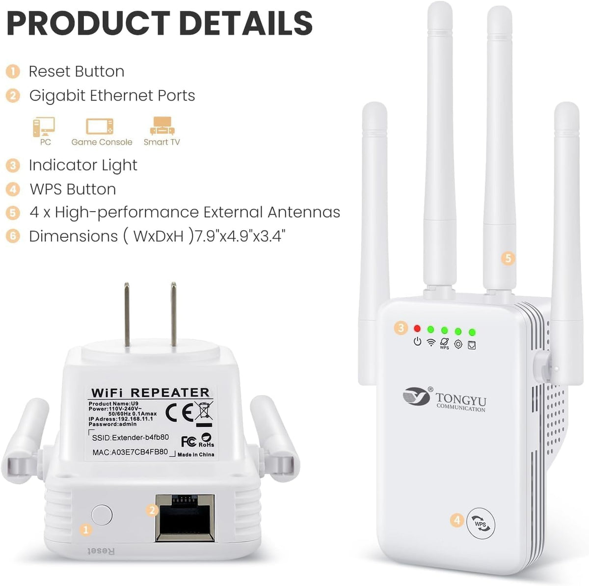 tongyu 5000 35 3-in-1 300Mbps WiFi Repeater Signal Booster for Home and Outdoor,WiFi Extender Full Coverage Range sq.ft