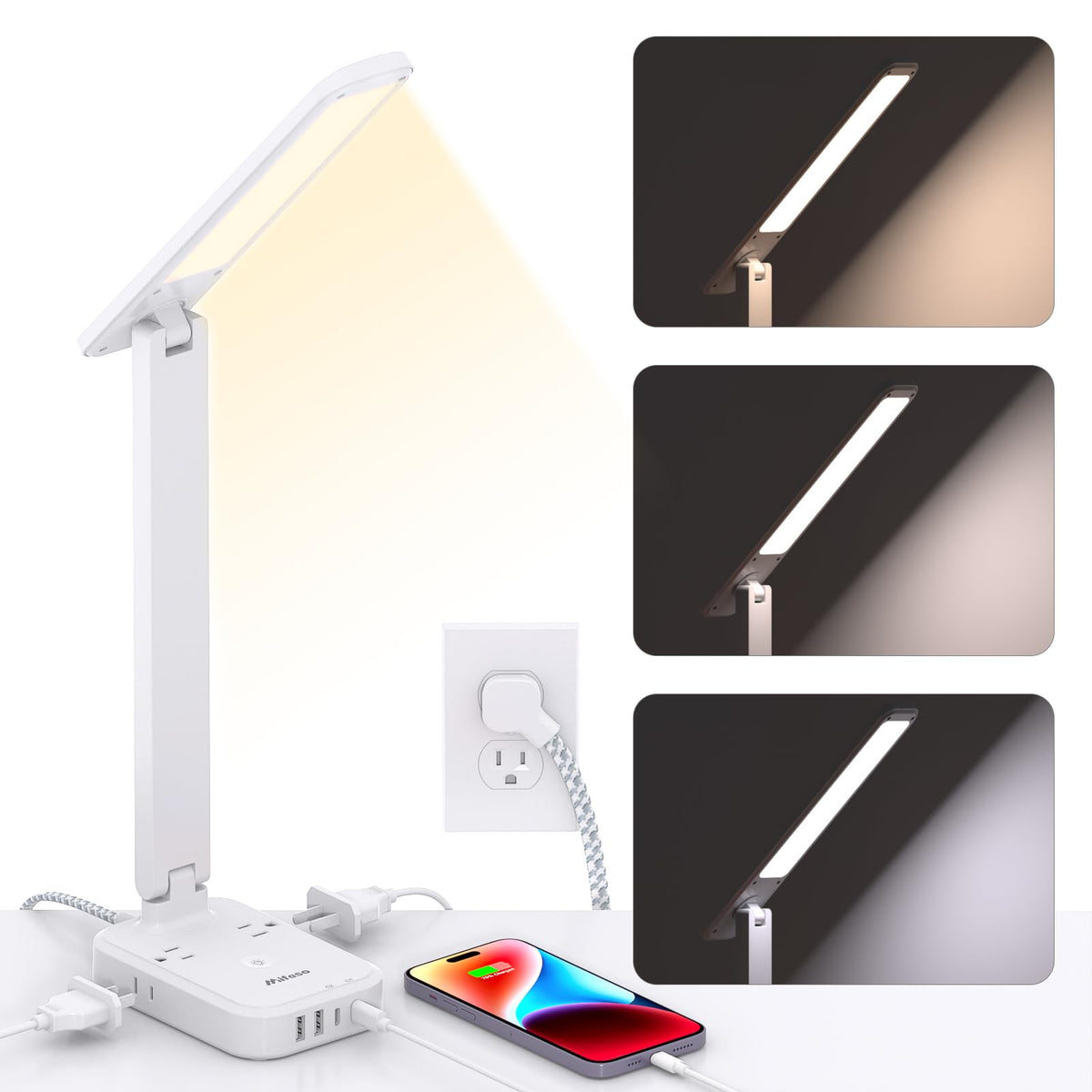 Power Strip with LED Desk Lamp, PD 30W Touch Desk Lamps, 4 Outlets 4 USB Ports(2 USB C) Small Desk Lamp 5FT Extension Cord Table Lamp for Home Office College Dorm Room Essentials Bedroom Bedside Study