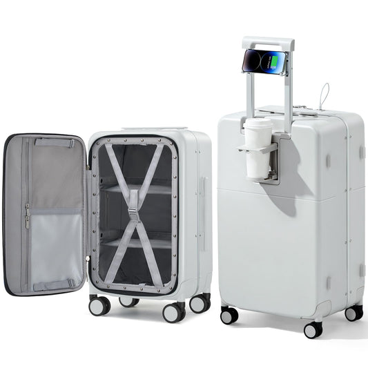 Hanke 28 Inch Checked Luggage with Cup Holder and USB Ports, Top Opening Hard Shell Suitcase with Wheels, Aluminum Frame Large Trunk Luggage with Foldable Divider & TSA Lock for Travel, Smoke White