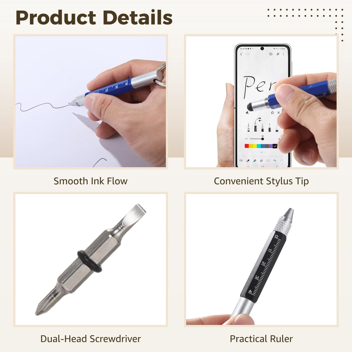 OMISTAR 8 PCS 6-in-1 Multitool Pen Keychain, Metal Ballpoint Tool Pen with Ruler, Stylus, Phillips and Flathead Screwdrivers, Pocket Tool Pens for Office, Construction, DIY, Present for Men