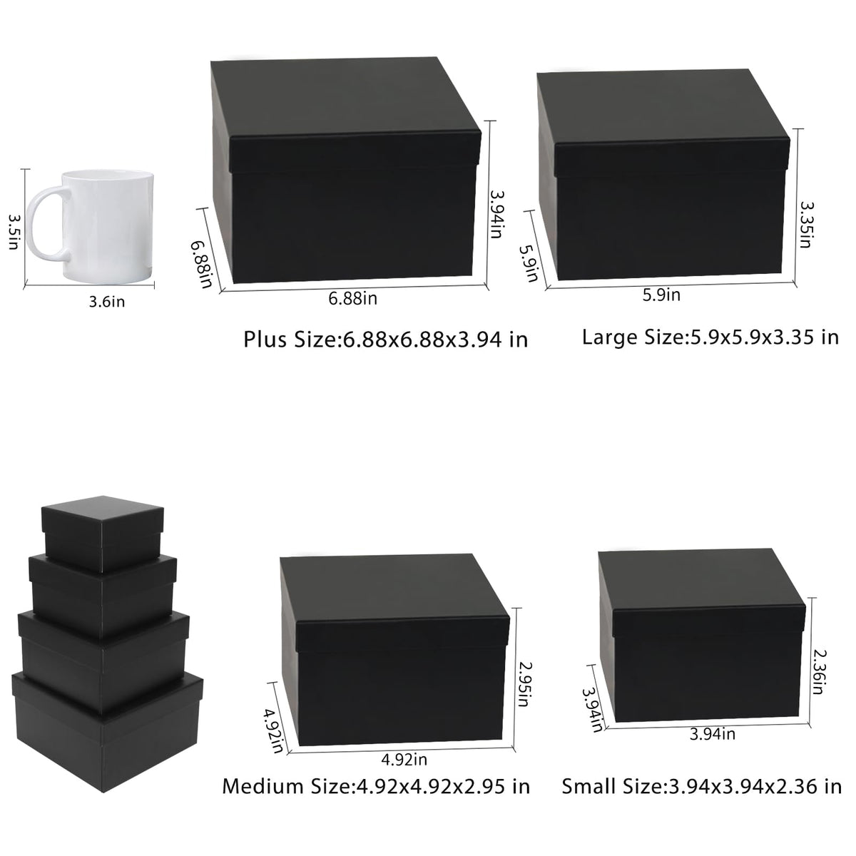 NOVELTYBOXUSA Nesting Gift Boxes with Lids 4 Pack,Fancy Square Rigid Gift Boxes for Present Black Stackable Gift Packing Boxes For Groomsmen Proposal Wedding Birthday Baby Showers